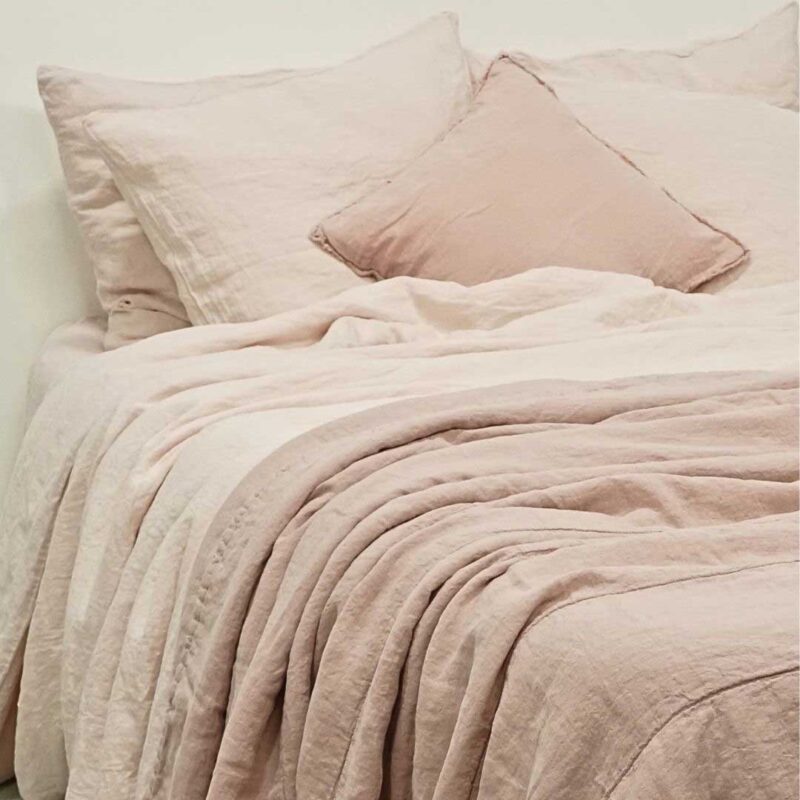 Light pink linen duvet cover with linen bedspread